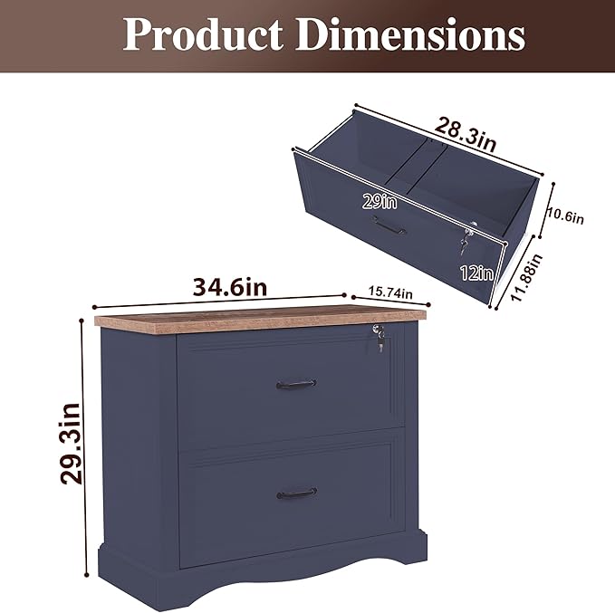 34.6 Farmhouse File CabinetWood File Cabinet with Hanging File FoldersTop Drawer LockableLateral Filing Cabinet for Home Office Compatible with Letter/Legal/A4 Size (2)