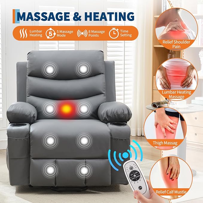 Garvee Power Lift Recliner Chair Oversized Electric Recliners for Elderly With Heat and Massage Home Theater Seat With 2 Cup Holders Side Electric Glider Reclining Single Sofa Chair for Living Room
