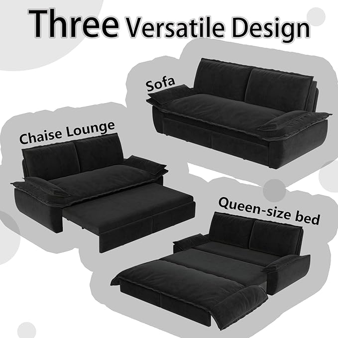 73.2 Queen Size Pull Out Sofa Bed 3-in-1 Convertible Sleeper Velvet Loveseat for Living Room Apartment Bedroom Small Spaces Black (Mattress &amp Bedding Not Included)