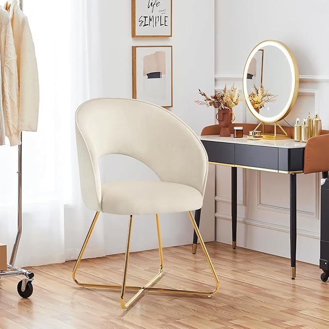 Furniliving Velvet Vanity Chair with Curved Back Upholstered Barrel Desk Chair with Gold Legs Mid Century Modern Accent Chair for Living Room Dressing Room Bedroom Khaki
