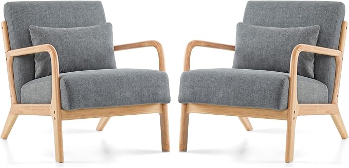 Mid Century Modern Accent Chair Set of 2 Upholstered Chair for Living Room Accent Chair with Lumbar Pillow Solid Wood Frame Reading Chair Armchair for Bedroom Small Spaces Darkgrey