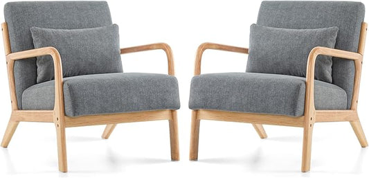 Mid Century Modern Accent Chair Set of 2 Upholstered Chair for Living Room Accent Chair with Lumbar Pillow Solid Wood Frame Reading Chair Armchair for Bedroom Small Spaces Darkgrey