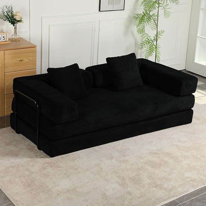 Convertible Sleeper Sofa Bed Compression Folding Sofa with Pillow No Assembly Required Shape Frame Floor Sofas Lounge Couch for Living Room Bedroom Small Spaces(Corduroy 77''W Black)