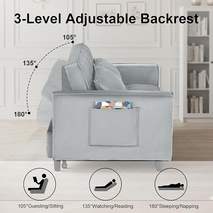 3 in 1 Convertible Sofa Bed Pull Out Couch with Adjustable Backrest Velvet Sleeper Sofa Loveseat with Pillows and Side Pockets for Living Room Bedroom Apartment Light Grey