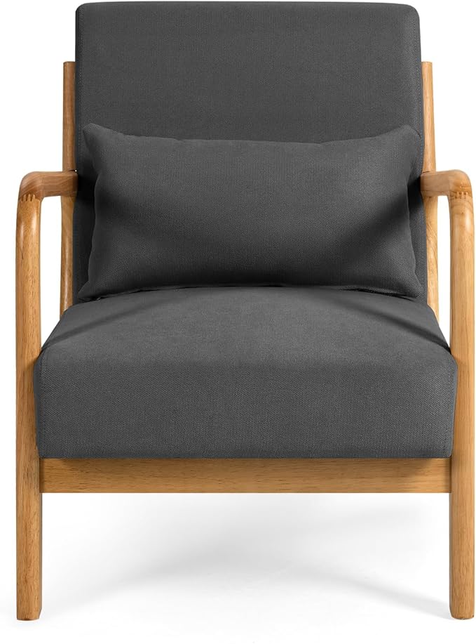 Mid-Century Modern Linen Accent Chair with Solid Wood Arms for Living Room