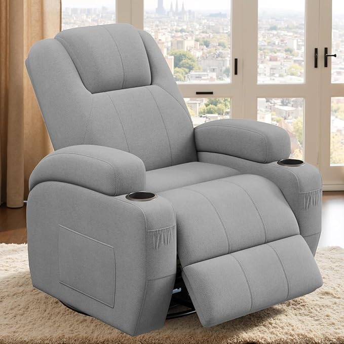 Flamaker Swivel Rocker Recliner Chair with Vibration Massage 360° Swivel Recliner Chairs for Adults Ergonomic Lounge Chair with Cup Holders Lazy Boy Recliner Single Sofa Seat (Fabric Gray)