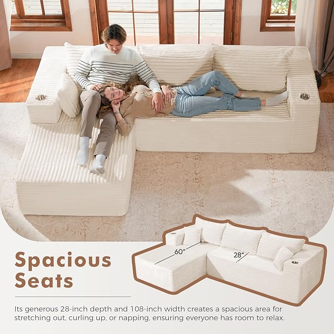 ELUCHANG 108” Modular Sectional Sofa Comfy Cloud Couch with Deep Seat Modern L-Shape Sofa with Chaise Upholstered Boneless Couch for Living Room Bedroom No Assembly Required Corduroy Beige