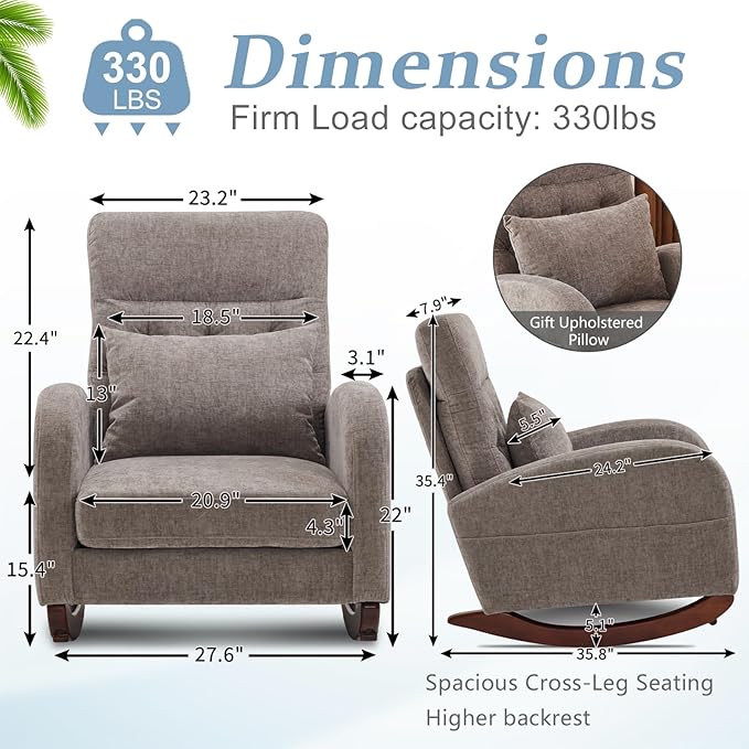 VINGLI Chenille Low Seat Rocking Chair Upholstered Nursery Glider Chair with Side PocketsAccent Arm Chair with High BackrestComfy Head Rest and Solid Wood Base For Living Room Bedroom BalconyGrey