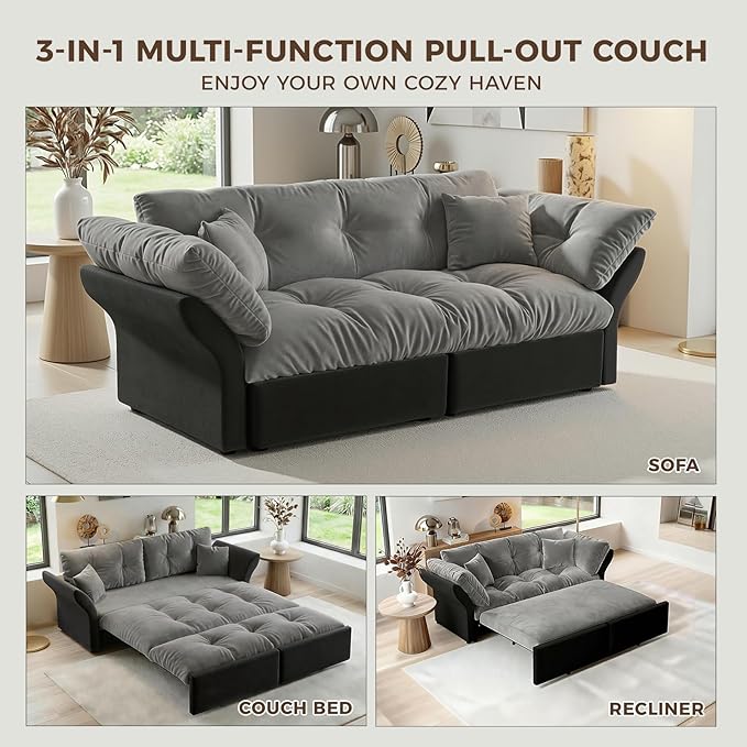 74.8 Queen Pull Out Couch BedVelvet Convertible Pull-Out Sofa Bed with Side Pockets3-in-1 Queen-Size Sleeper SofaSleeper Loveseat for Living RoomApartmentOffices (Grey)