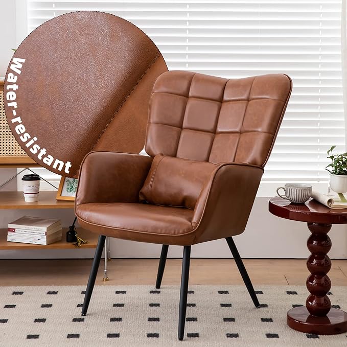 Bonded Leather Armchair Modern Accent Chair High Back Living Room Chairs with Metal Legs and Soft Padded Sofa Chairs for Home OfficeBedroomDining Room (Brown 1pc) UU317