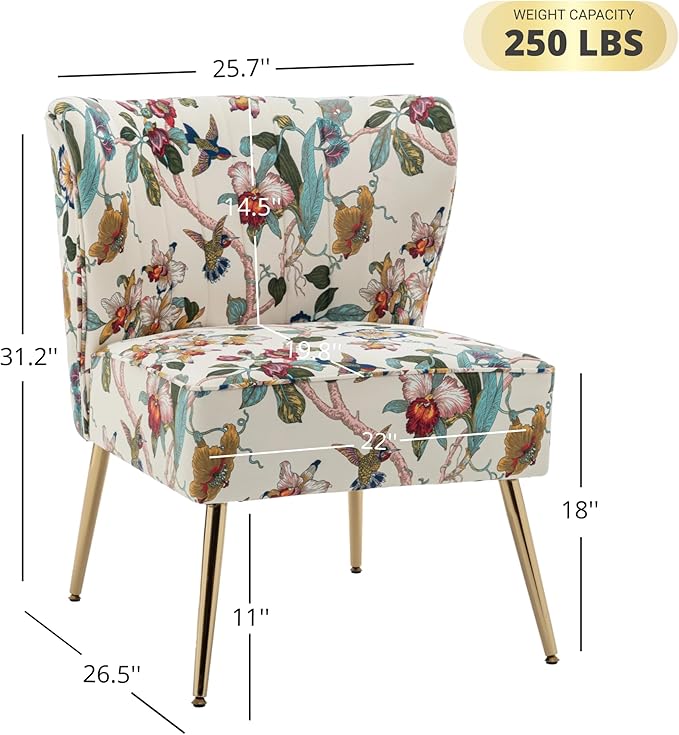 Armless Accent Chairs Set of 2 with Gold Metal Legs Modern Comfy Tufted Living Room Chair Velvet Upholstered Floral Side Chair Mid Century Slipper Chair for Bedroom Flower Print Beige