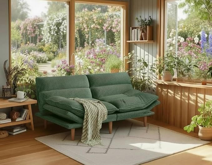 Amada Convertible Futon Sofa Bed - Corduroy Loveseat with Adjustable Backrest &amp Armrests Thickened Seat Cushion Small Space Sleeper Couch for Apartment Study Room &amp Office（Moss Green66 Inc