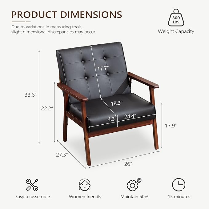 JIASTING Mid-Century Retro Modern Accent Chair Wooden Arm Upholstered Tufted Back Lounge Chairs Seat Size 24.4 18.3 (Deep) (Square Leg Black)