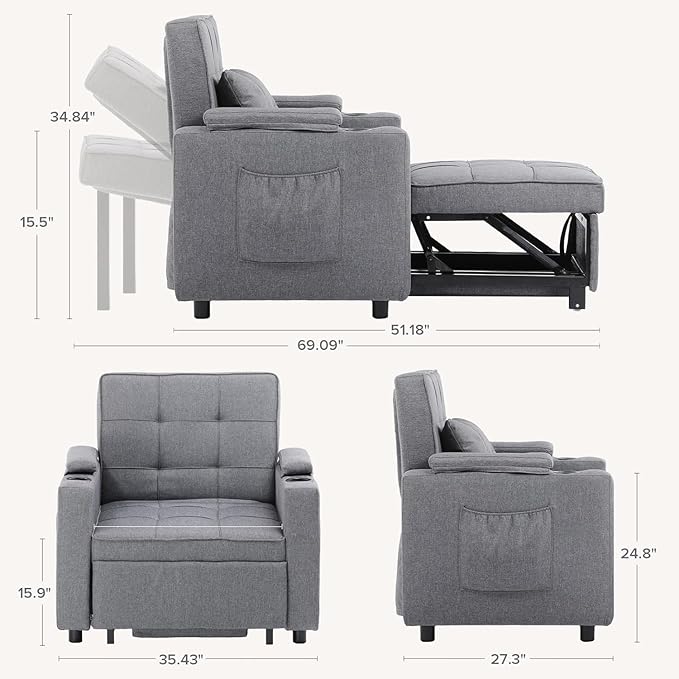 COMHOMA Sleeper Chair BedConvertible Sofa Bed Armchair with Cup Holders3-in-1 Futon Bed Chair with Side Pocket Pull Out Sofa Bed Couch for Living RoomBedroom (Grey)
