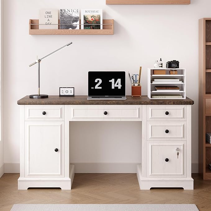 Vipbear 59 Executive Desk Farmhouse Computer Desk with Drawers Lockable File Drawer Storage Cabinet &amp Power Outlet Rustic Home Office Desks Workspace for Work Study Writing White