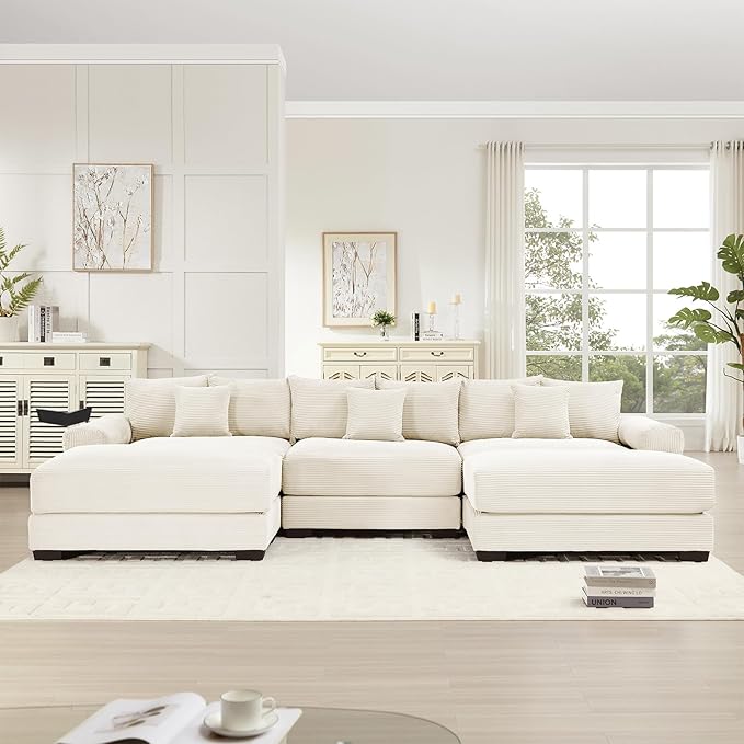 130 Corduroy Sectional Couches for Living Room Beige Comfortable Oversized Sectional Sofa Set with Deep Seat Large 3 Seater Couch with 2 Ottoman Sofas para Sala U Shaped Couch with Chaise Lounge