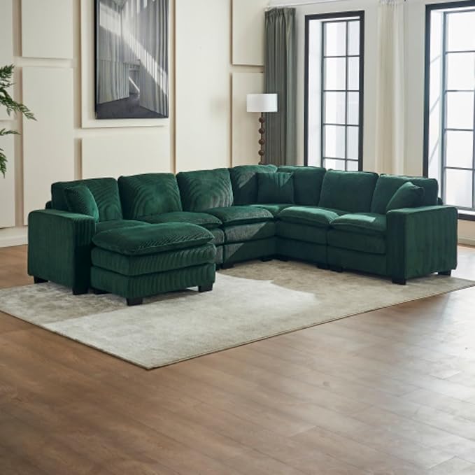 Modern U Shaped 6-seat Sectional Sofa Couch with one Ottoman and Three toss PillowsModular Sofa for Living RoomCorduroy Sofa (GreenCorduroy-7 Seat)
