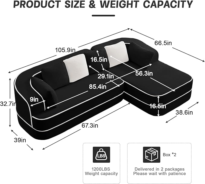 Ball &amp Cast 106 Cloud Sectional Couch with L-Shape ChaiseTeddy Fabric Boneless Modular Sofa with Deep Seat32D High Density SpongeUpholstered Couch for Living RoomNo Assembly RequiredBlack(Ri