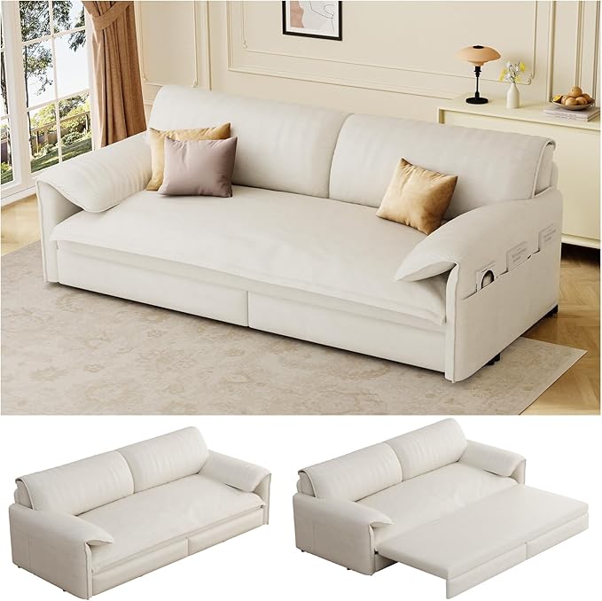 66 Queen Pull Out Couch BedVelvet 3-in-1 Queen-Size Sleeper SofaConvertible Pull-Out Sofa Bed with Side PocketsSleeper Loveseat for Living RoomApartment Offices (Beige)