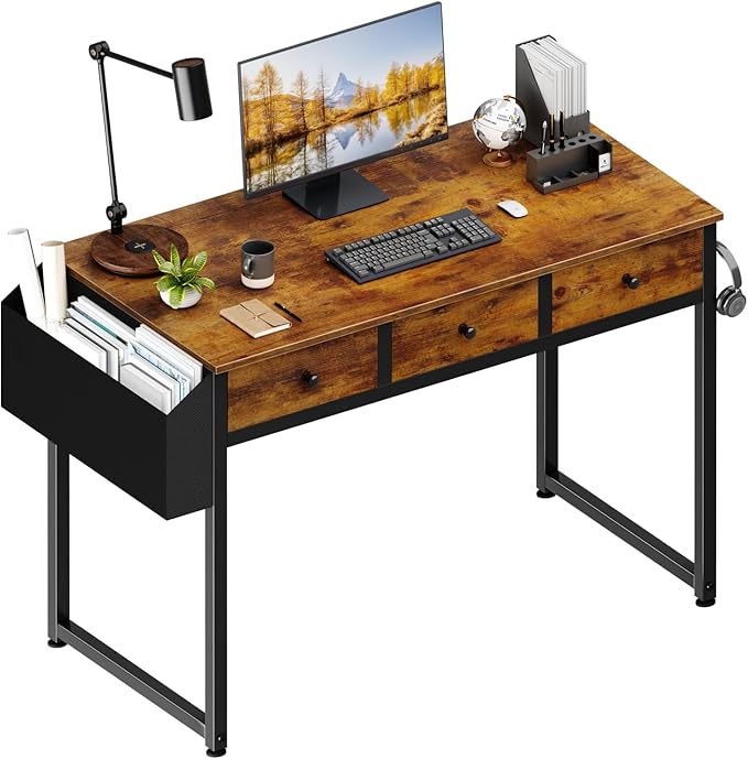 Lufeiya 40 Inch Desk with Drawers for Bedroom - 39 Inch Home Office Desks with 3 Fabric Storage Drawer and Pocket Study Writing Table Rustic Computer Desk Vintage Brown