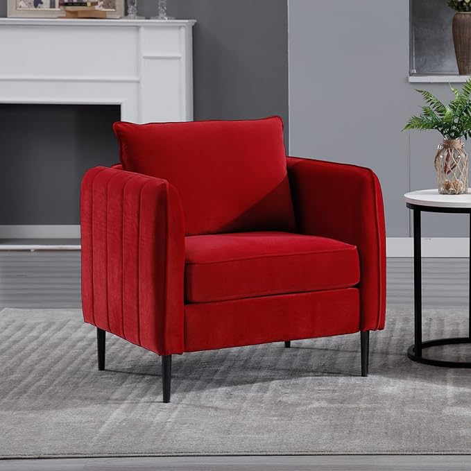 Modern Velvet Accent Chair Single Sofa Chairs Armchair with Square Arm Upholstered Reading Chairs for Living Room Bedroom Apartment (Velvet Burgundy Chair)