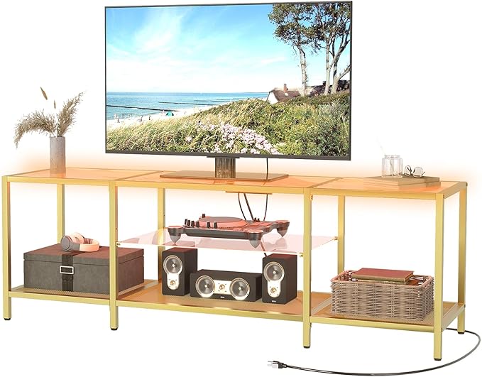 HOOBRO TV Stand with LED Lights and Power Outlets for TVs up to 75 Modern 63 Inch Tempered Glass TV Console Table with Open Shelves Media Entertainment Center for Living Room Gold GD165UDS01