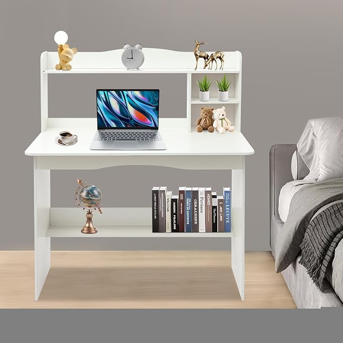 Computer Desk with Hutch - 40 Home Office Desk with Bookshelf &amp Lower Storage Shelf for Studying Gaming Table Computer Desk and Small Spaces (White)