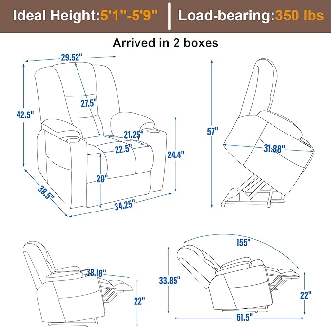 Power Lift Recliner Chair for Eldery Chenille Electric Recliner Chairs with Massage and Heat Remote Control Standing Assistance Lay Flat Recliner Sofa for Living Room Medium-FirmBrown