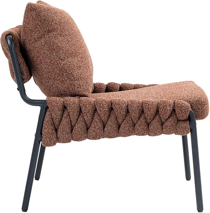 Modern Accent Lounge Chair with Braided Upholstery and Metal e Comfortable Armchair for Living Room or Bedroom Soft Cushioned Seat and Backrest Set of 1 (Brown)