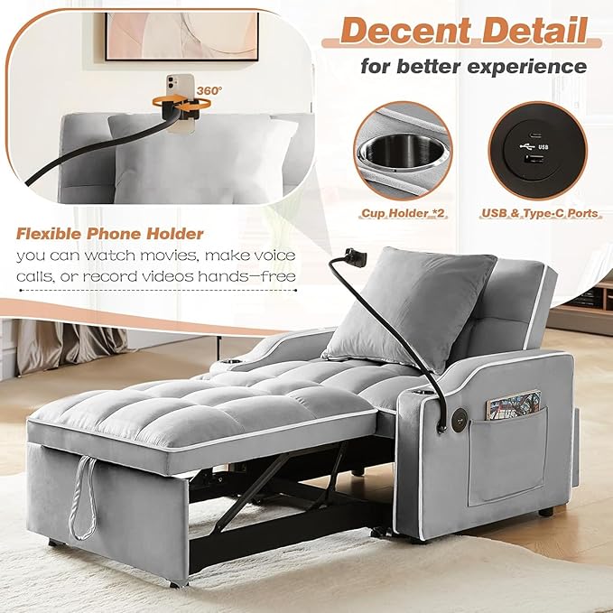 Sleeper Sofa Chair Bed 3 in 1 with Charging Ports Phone Holder &amp Cup Holders - Modern Velvet Convertible Pull Out Single Sofa Bed for Small Spaces Apartment Dorm (Light Gray)