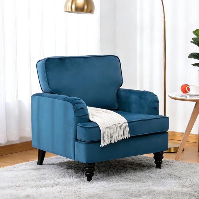 chairus Mid Century Modern Velvet Accent Chair Vintage Club Armchair with Firm Supportive Seat &amp Soft Backrest Comfy Single Sofa Reading Chair for Living Room Bedroom Blue