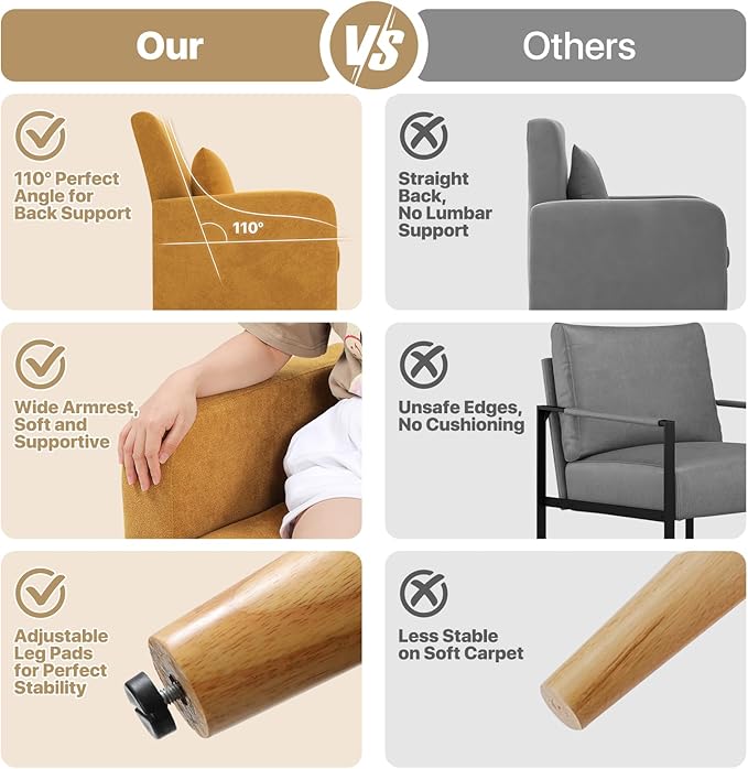 MoNiBloom Accent Chair with Back Pillow Upholstered Club Arm Chair Modern Living Room Chair with Wooden Legs for Bedroom Corner Living Room Reading Nook Yellow