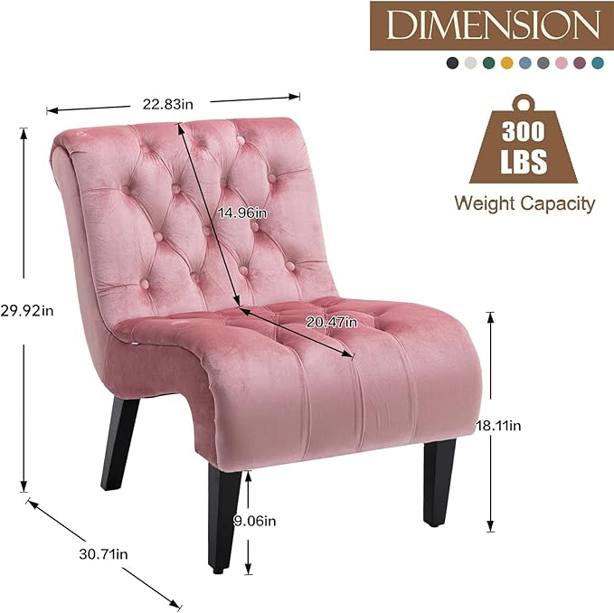 KINFFICT Velvet Accent Lounge Chair for Living Room Modern Leisure Chair with Tufted Backrest Indoor Armless Side Chair Upholstered Bedroom Sleeper Chairs with Solid Wood Legs