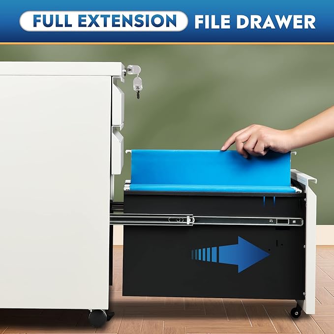 DEVAISE 3 Drawer Mobile File Cabinet with Lock Under Desk Metal Filing Cabinet for Home Office/Legal/Letter/A4 File Fully Assembled Except Wheels White