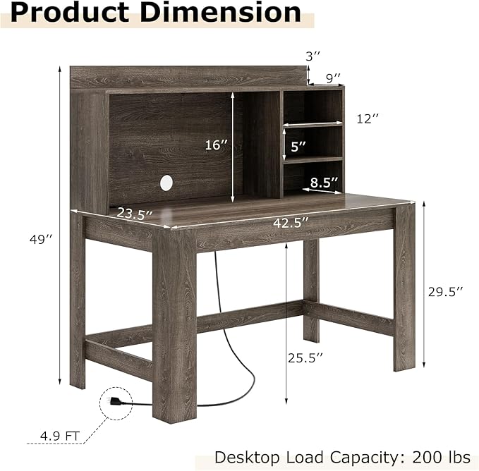 Tangkula Computer Desk with Hutch &amp Charging Station Home Office Writing Study Desk with Storage Shelves Cable Management Hole Laptop Desk Desk for Bedroom Computer Workstation (Gray Oak)