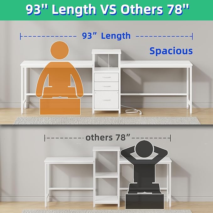 GYIIYUO 93'' Two Person Desk with Charging Station Long Desk with 3 Drawers and Printer Shelf Double Computer Desk 2 Person Writing Study Table Workstation for Home Office White