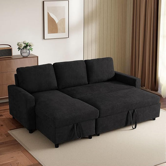 L-Shaped Sleeper Sofa with Chaise Lounge &amp Storage Pull-Out Couch Bed with Recliner Full Size Futon for Living Room Office Apartment Black