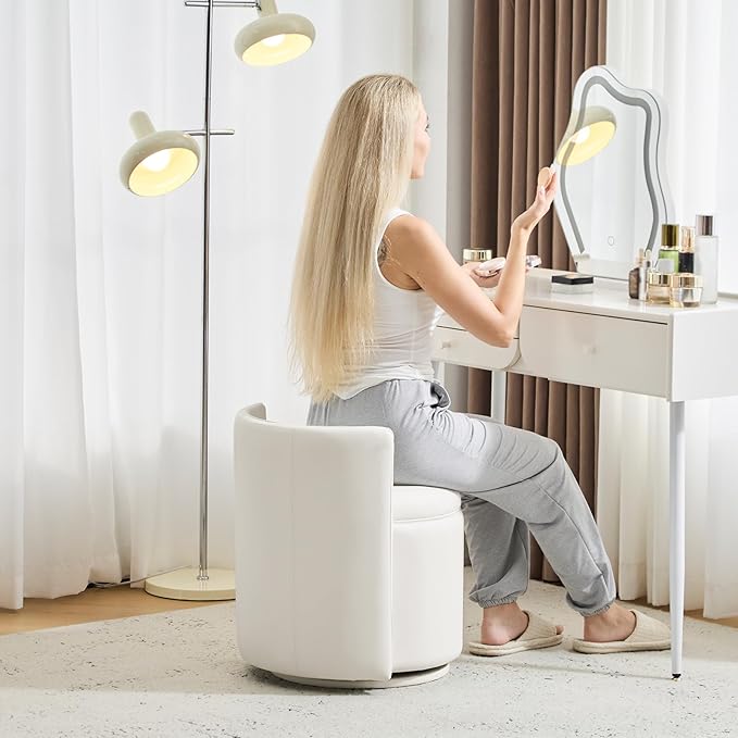 360° Swivel Vanity Chair with Storage PU Leather Round Storage Ottoman with Pillows No Assembly Modern Comfy Makeup Stool for Bedroom Dressing Living Room (White)