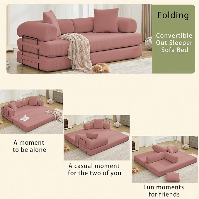 Convertible Folding Sofa Bed Modular Floor Sofa with Removable Backrest 3-Seater Fold Out Couch Bed with Pillows King Size Futon Lazy Couch Corduroy Sleeper for Living Room Dorm Dark Pink