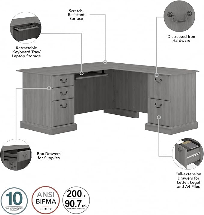 Bush Home Saratoga L Shaped Computer Desk with Drawers and Storage in Modern Gray | Large Corner Office Table for Workspace