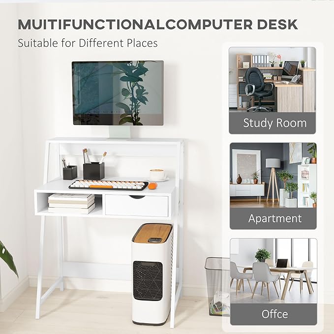 HOMCOM Home Office Desk Computer Desk with A Frame for Small Spaces Writing Table with Drawer and Storage Shelves White