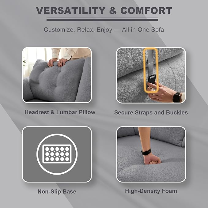 78.7 King Foldable Sofa Bed Lazy Sofa Couch 3-in-1 Multi-Functional Sleeper Sofa Bed Teddy Futon Sofa Floor Loveseat Sofa Human Dog Bed Bean Bag Lounge Recliner for Living Room Grey