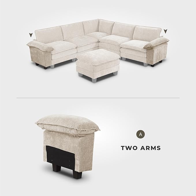 Lexicon Modular Sectional Sofa Module for Sectional Couch 2 Arms with Adjustable Pillow Top Set Left and Right Sofa Arm Soft Upholstery Durable Frame Customizable Comfort Chenille Light Taupe
