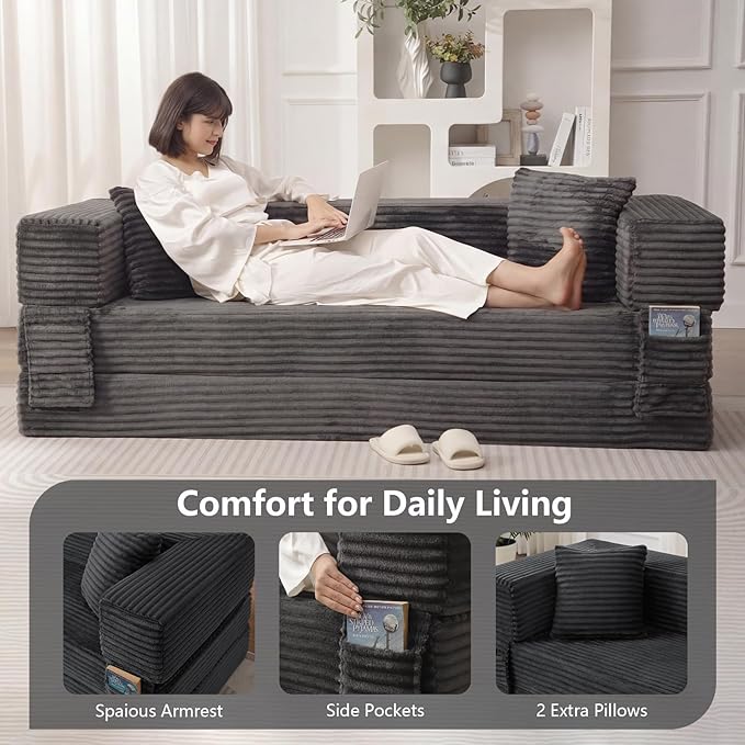 GNIXUU 78.7 Boneless Convertible Sleeper Sofa Bed 4-in-1 Folding Corduroy Futon Couch Bed Oversized Loveseat Modular Floor Mattress Couch for Living Room Bedroom Lounge No Assembly Grey