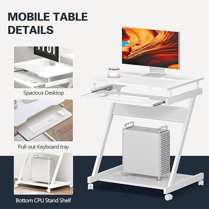 sogesfurniture Mobile Computer Desk Small Rolling Office Table Workstation with Printer Shelf and Keyboard Tray Space-Saving Computer Desk with Storage Shelf for Home and Office (White)