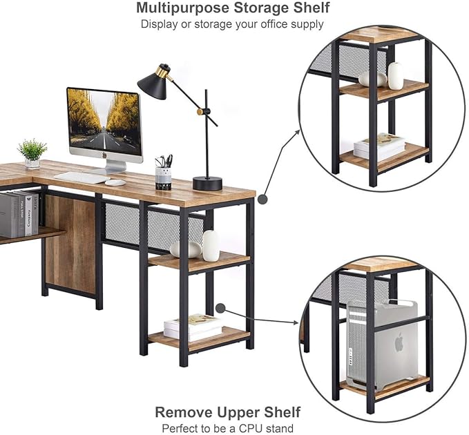 FATORRI L Shaped Computer Desk with Wood Shelves Industrial Rustic Home Office Corner Desk with Metal Legs (Rustic Oak 59 Inch)