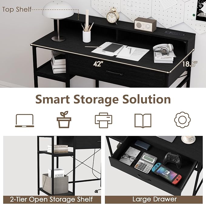 Tangkula Small Computer Desk with Power Outlets 42 Writing Desk with Hutch Drawer &amp 2 Open Shelves Gaming Table with Heavy-Duty Metal Frame for Home Office (Black)