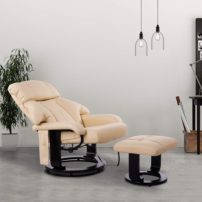 HOMCOM Massage Recliner Chair with Ottoman 360° Swivel Recliner and Footstool 10 Point Vibration PU Leather Reclining Chair with Side Pocket and Remote Control Beige