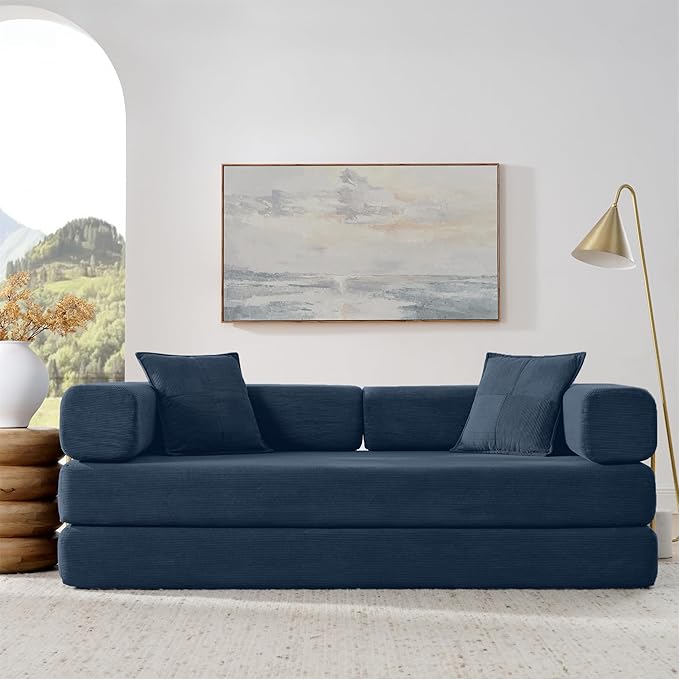 Convertible Sleeper Sofa Bed Boneless Couch with Fixed-Shape Frame 78 Corduroy Fold Out Floor Sofa Couch Modern Foldable Mattress Couches for Living RoomBlue