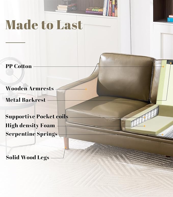 Kingfun Living Room Furniture Sets 3 Seater Couch and Armchair Mid Century Modern Sofa Set Faux Leather Couch with Solid Wood Frame for Living Room &amp Bedroom Olive Green
